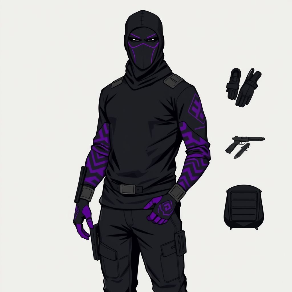 Tactical suit. Long sleeves t shirt. Purple sleeves and black chest with purple motifs.Black long trousers. Black gloves with purple palm of the hands. Sport shoes. Black balaclava with two purple lines perpendicular to the eyes. Knife cases
Design a cutting-edge tactical suit blending military aesthetics with street style. A long-sleeved black t-shirt features bold purple sleeves adorned with geometric motifs. Complement it with fitted black trousers and gloves showcasing vibrant purple palms. Sporty shoes offer mobility, while a sleek black balaclava displays striking purple lines, and discreet knife cases enhance functionality.