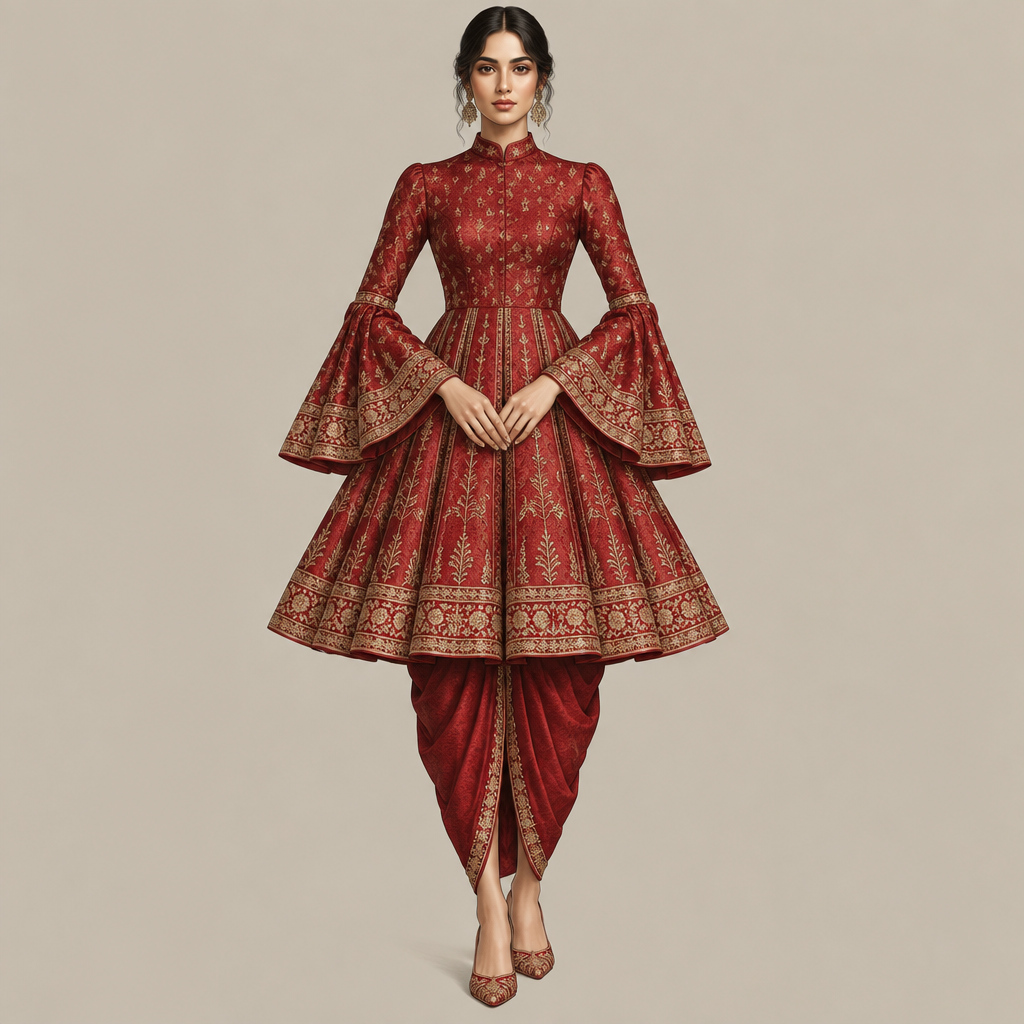 Create a sophisticated Indian couture fashion illustration of a deep bridal-red knee-length flared top with matching tulip pants.
The top should have a fitted bodice and fitted waist, followed by a dramatic lehenga-inspired flare from the waist to exactly the knees, constructed with multiple panels/gore sections. The flare should have an elegant, graceful volume and a rich festive silhouette.
Add a closed high band neck with a clean structured finish. Add full-length bell sleeves, fitted from shoulder to elbow and dramatically flared from the elbow to the wrist.
Decorate the bottom hem of the top with a wide, intricate traditional Indian brocade/embroidered border. Continue the same border on the sleeve cuffs, clearly visible and matching the hem. Add subtle traditional embellishment and panel detailing throughout the flared portion.
Pair it with elegant matching tulip pants, slightly gathered and tapered towards the ankles.
Use a rich deep red luxurious brocade/festive fabric, with realistic texture, structure and natural folds. The overall look should be royal, feminine, elegant and contemporary Indian couture.
Full-body front fashion illustration, garment-focused, clean plain background, accurate fashion proportions, realistic fabric draping, highly detailed embroidery and border work. No dupatta, no lehenga skirt, no model photography.
photorealistic fashion design, Create a sophisticated Indian couture fashion illustration of a deep bridal-red knee-length flared top with matching tulip pants.
The top should have a fitted bodice and fitted waist, followed by a dramatic lehenga-inspired flare from the waist to exactly the knees, constructed with multiple panels/gore sections. The flare should have an elegant, graceful volume and a rich festive silhouette.
Add a closed high band neck with a clean structured finish. Add full-length bell sleeves, fitted from shoulder to elbow and dramatically flared from the elbow to the wrist.
Decorate the bottom hem of the top with a wide, intricate traditional Indian brocade/embroidered border. Continue the same border on the sleeve cuffs, clearly visible and matching the hem. Add subtle traditional embellishment and panel detailing throughout the flared portion.
Pair it with elegant matching tulip pants, slightly gathered and tapered towards the ankles.
Use a rich deep red luxurious brocade/festive fabric, with realistic texture, structure and natural folds. The overall look should be royal, feminine, elegant and contemporary Indian couture.
Full-body front fashion illustration, garment-focused, clean plain background, accurate fashion proportions, realistic fabric draping, highly detailed embroidery and border work. No dupatta, no lehenga skirt, no model photography., just the design no text