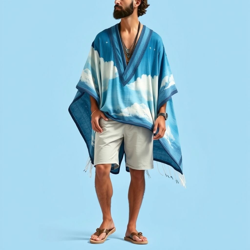 summer boho man blue colors poncho which is handpainted of sky
Create a summer boho man’s poncho in shades of tranquil blues, featuring hand-painted sky motifs with fluffy clouds and distant stars. The design flows loosely with fringed edges, embodying a carefree spirit. Complement it with lightweight linen shorts and woven sandals, perfect for beach outings or lively summer festivals.