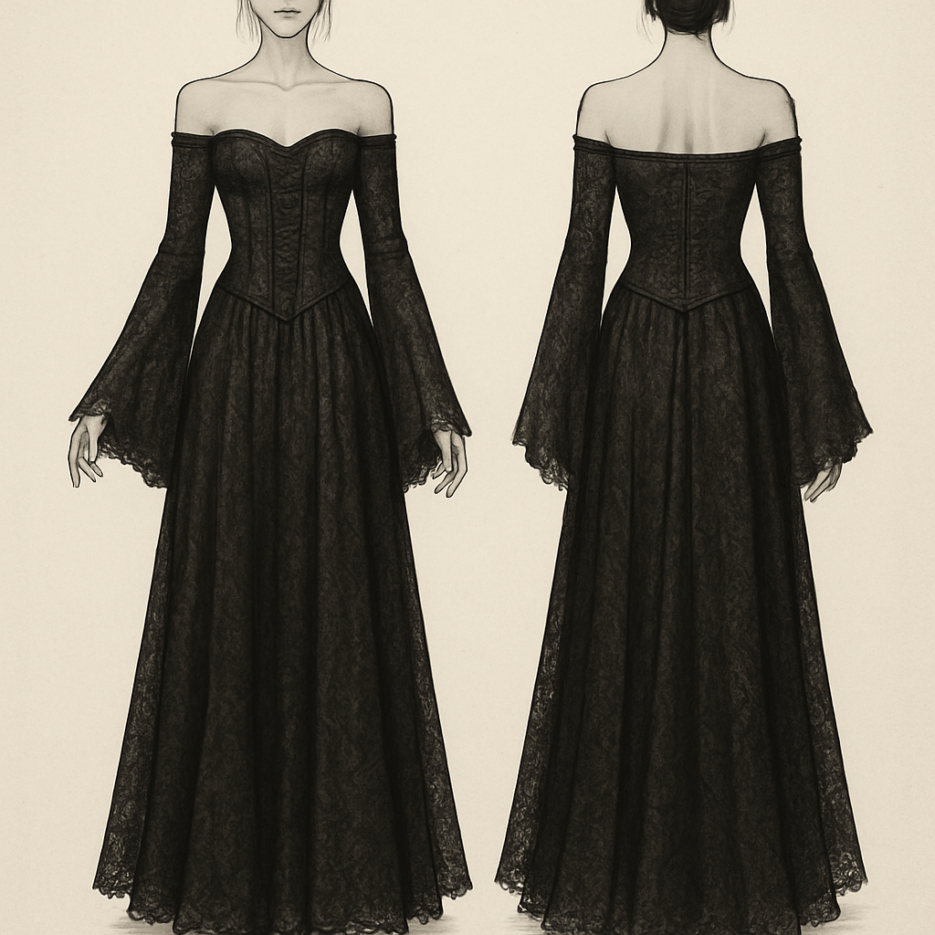 A black lace dress, corset top with off the shoulder long sleeves covering the hands as they flare out at the ends, the skirt part flows down to the feet.
A black lace dress, corset top with off the shoulder long sleeves covering the hands as they flare out at the ends, the skirt part flows down to the feet., dark_academia style, show front and back