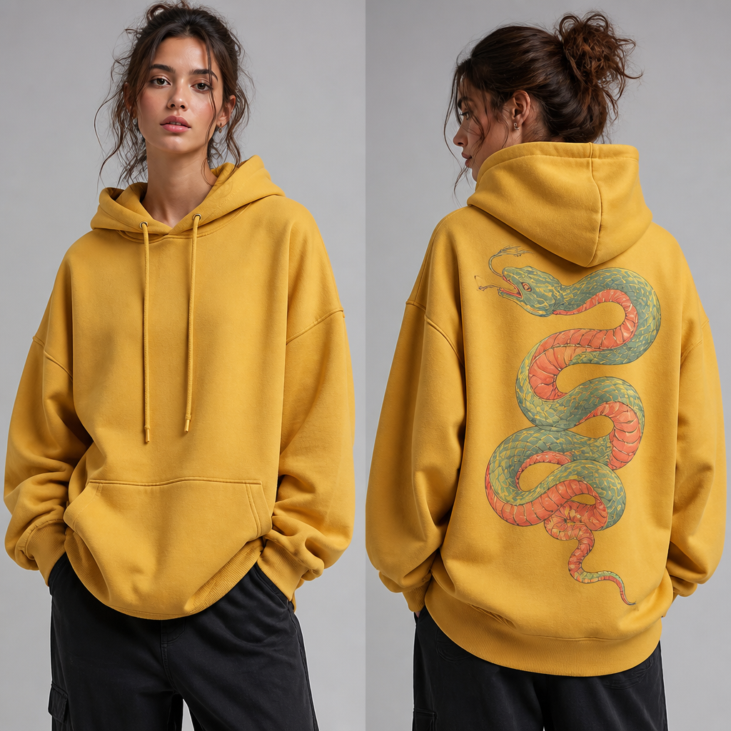 A female model
A baggy and oversized amber haze yellow sweatshirt with drawstrings and a hoodie and with a coral and sage green snake on the back
photorealistic fashion design, A female model
A baggy and oversized amber haze yellow sweatshirt with drawstrings and a hoodie and with a coral and sage green snake on the back, streetwear style, just the design no text, show front and back
