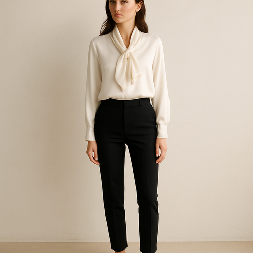 Effortless silk scarf blouse with tailored cigarette pants and ballet flats