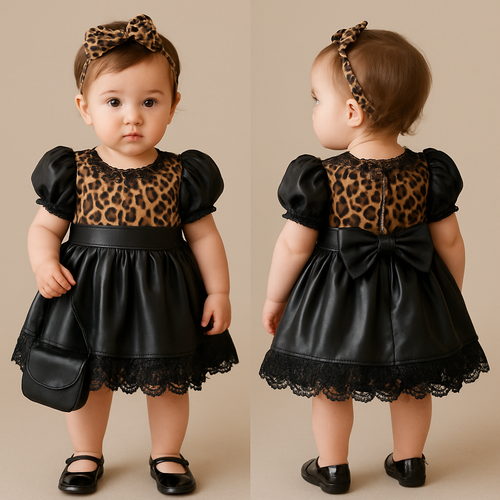一歳の女の子着用画
ヒョウ柄と黒のレザーを使ったラブリーなドレス
黒いレースとかも使って
パフスリーブでラブリーにして
黒いパンプス
頭にヒョウ柄のアクセサリー
黒いレザーの小さなバック