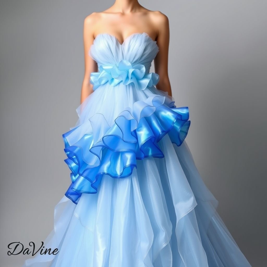 Can you create me a ruffled. The dress should flare out some at the bottom. With the colors, baby blue iridescent mermaid, royal blue iridescent mermaid, and white. With Iridescent Mermaid Scale Gradient Organza Fabric With Pleats And Ruffles For Decoration. Put Da’Vine in the bottom left corner of screen.
Design an exquisite evening gown crafted from iridescent mermaid scale gradient organza fabric. The elegant silhouette features delicate ruffled pleats cascading down the bodice and flaring gracefully at the hem. A harmonious blend of baby blue, royal blue, and soft white creates a captivating ethereal look. Signature “Da’Vine” adorns the bottom left corner.