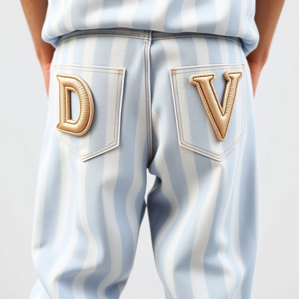 Men's Fashion Casual Woven Oversized Blue Striped 3D Letters Embroidered Baggy Pant, For Daily Summer Outfits. With “D” on one back pocket and “V” on the other
Design a relaxed, casual summer outfit featuring men's oversized, baggy pants in soft, breathable fabric. The light blue woven stripes evoke a laid-back vibe, while bold 3D letters “D” and “V” elegantly embroidered on each back pocket add a playful twist. Perfect for effortlessly stylish daily wear.