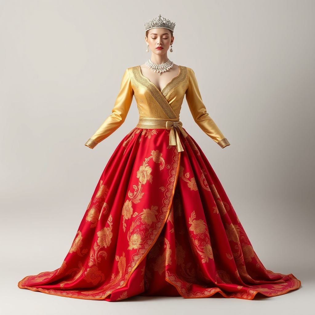 A half golden and cherry red wrap around skirt with desigs and a light golden top with a tiara,brooch and earrings made up of pearl with a coronation robes
Imagine a regal ensemble featuring a half golden and cherry red wrap-around skirt adorned with intricate floral designs, creating a striking visual contrast. The light golden top shimmers softly, complemented by a delicate pearl tiara, a jeweled brooch, and elegant pearl earrings, all harmonizing with luxurious coronation robes for a royal ambiance.