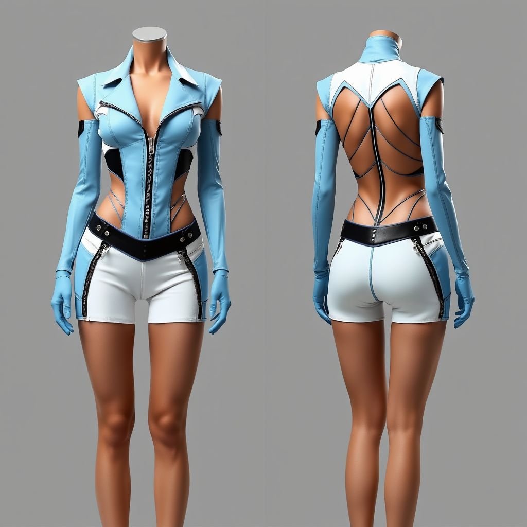 light blue and white zipper shorts unitard in 3D
Design an avant-garde light blue and white zipper shorts unitard featuring asymmetrical zippers and structural cut-outs, exuding an edgy vibe. Incorporate bold metallic accents and layered textures for a futuristic feel. The silhouette should be form-fitting, highlighting rebellion in fashion with striking geometric patterns and contrasting fabrics for an eye-catching look.