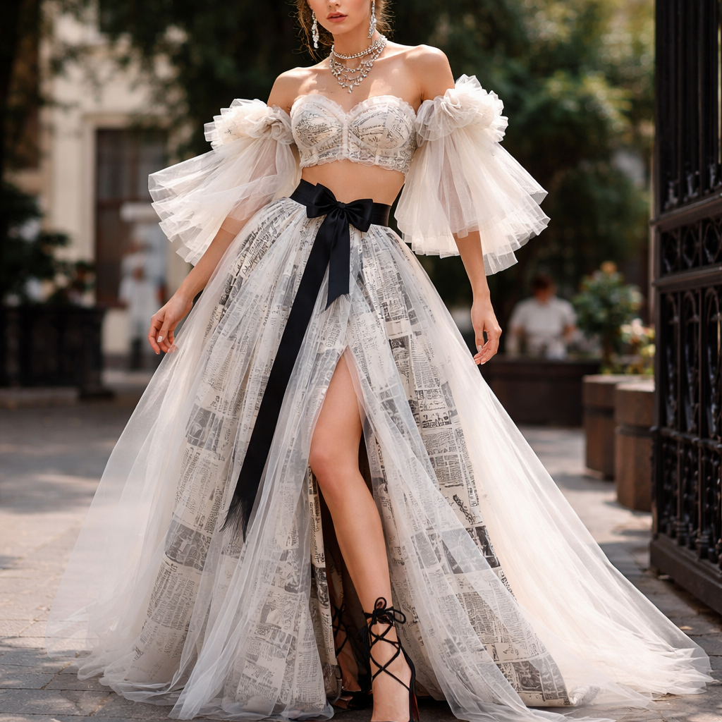 two piece set. the skirt is a maxi skirt with a newspaper print fabric and a white or off white mesh tulle over skirt layer with a ribbon belt /band that holds skirts together. top is crop top with a romantic design and very haute. sleeves should be dramatic and pretty. black stilettos w red bottoms and a black ribbon lace up ballerina almost detail. visible through slit in skirt. dramatic accessories. haute couture
two piece set. the skirt is a maxi skirt with a newspaper print fabric and a white or off white mesh tulle over skirt layer with a ribbon belt /band that holds skirts together. top is crop top with a romantic design and very haute. sleeves should be dramatic and pretty. black stilettos w red bottoms and a black ribbon lace up ballerina almost detail. visible through slit in skirt. dramatic accessories. haute couture , artsy style