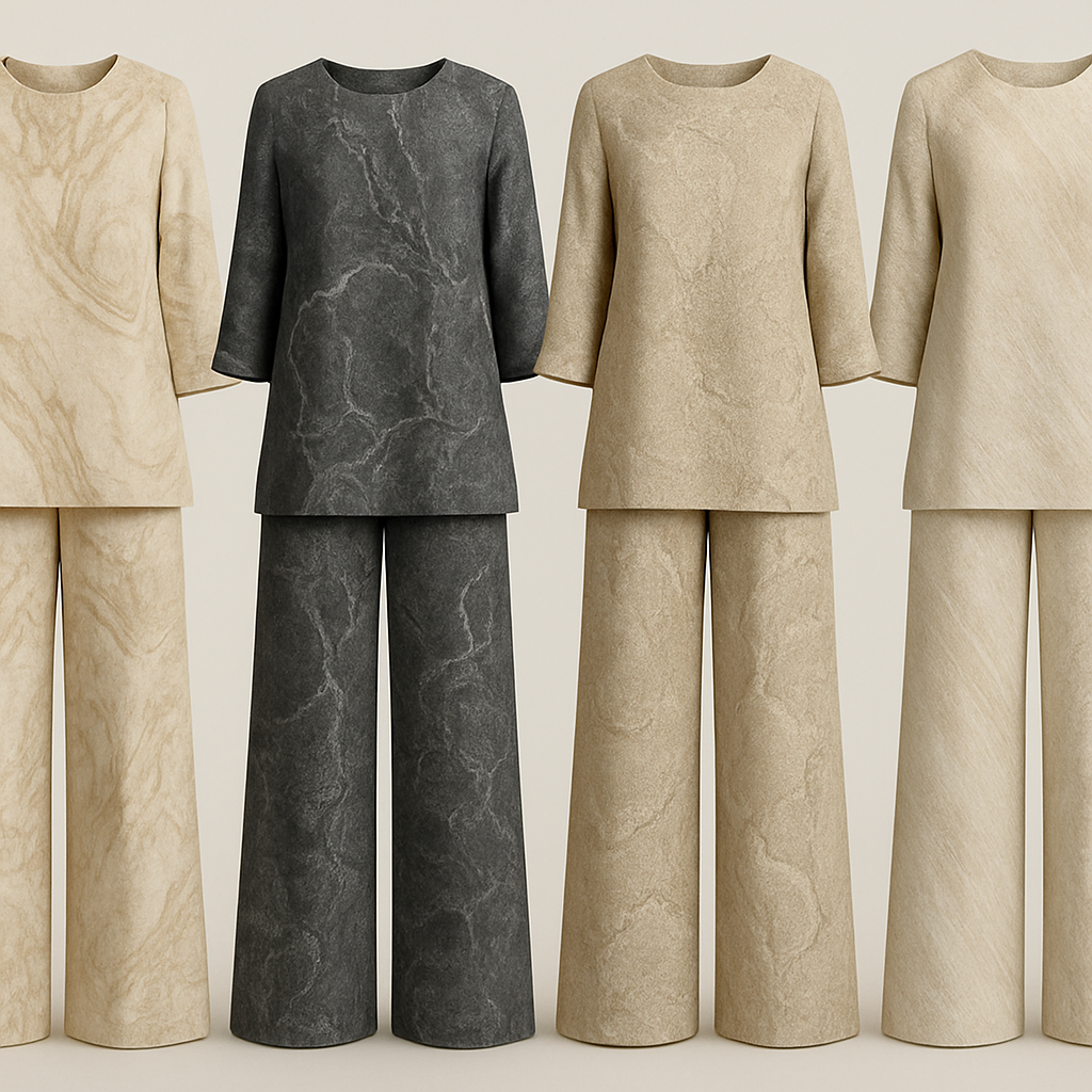 Create a modest luxury two piece linen set big pants and thigh length top, the first of its kind, featuring a unique stone design that exudes a classy and sophisticated vibe. I'd like four designs, each showcasing different styles and fabrics. Incorporate high-end, unique chic stone designs to make them truly special. In plain colors
Create a modest luxury two piece linen set big pants and thigh length top, the first of its kind, featuring a unique stone design that exudes a classy and sophisticated vibe. I'd like four designs, each showcasing different styles and fabrics. Incorporate high-end, unique chic stone designs to make them truly special. In plain colors