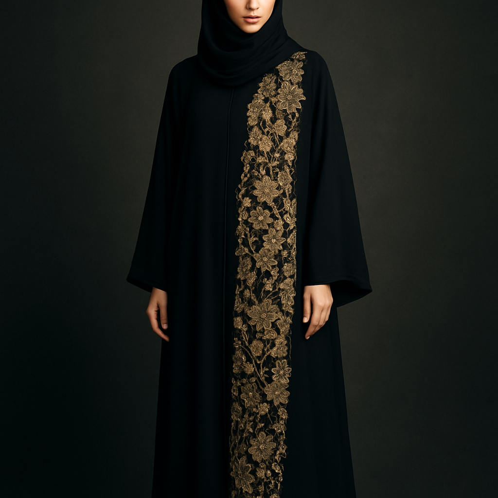 The Gold Veil Lace Abaya
Tone: Black
Design:
A soft lace panel on one side with gold floral embroidery and crystals.
The Gold Veil Lace Abaya
Tone: Black
Design:
A soft lace panel on one side with gold floral embroidery and crystals.