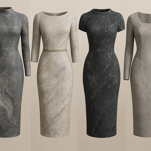 Create a modest sexy elegant fittted dress, the first of its kind, featuring a unique stone design that exudes a classy and sophisticated vibe. I'd like four designs, each showcasing different styles and fabrics. Incorporate high-end, unique chic stone designs to make them truly special. Add little sophisticated stone designs.