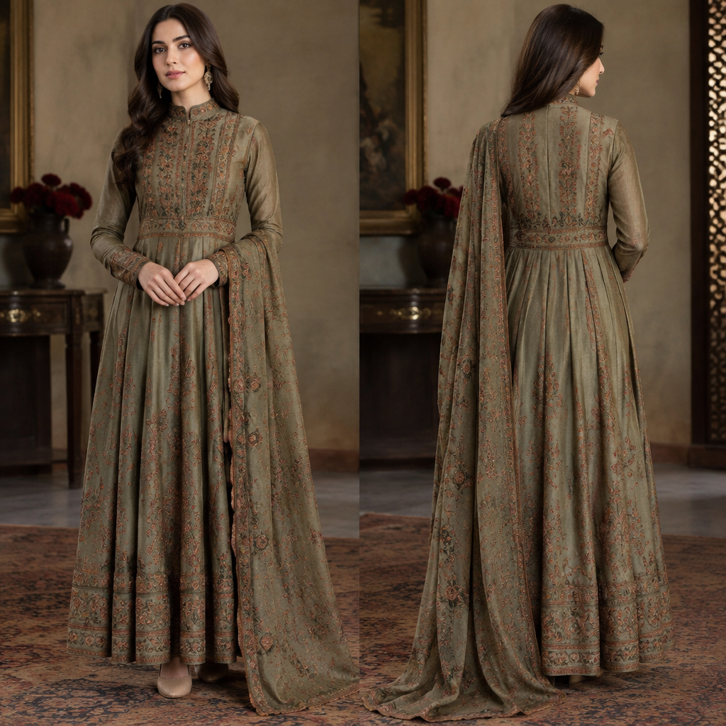 A Female Dress design, with modest, full coverage: longer hemlines, higher necklines and covered shoulders, suitable for Fall, in Classic + Elegant + Vintage style. Pakistan fashion aesthetics. Present it as professional fashion catalogue photography: the garment is the subject, shown full-length with editorial styling, neutral posing and tasteful, non-suggestive framing.
photorealistic fashion design, A Female Dress design, with modest, full coverage: longer hemlines, higher necklines and covered shoulders, suitable for Fall, in Classic + Elegant + Vintage style. Pakistan fashion aesthetics. Present it as professional fashion catalogue photography: the garment is the subject, shown full-length with editorial styling, neutral posing and tasteful, non-suggestive framing., classic style, just the design no text, show front and back