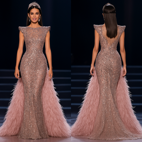 Create a full-body mermaid gown for a beauty queen, fitted tightly all the way down to the feet. The dress should be sleeveless, with sculpted pointed shoulders covered in gemstones. Use a sheer transparent silver base, fully decorated with old rose pink and metallic gray stones that sparkle under the lights. Add a subtle transparency at the waistline to accentuate the figure. The gown should look sensual, elegant, and luxurious. Include a long feather cape in soft pink starting from the waist, flowing beautifully behind the model on a pageant stage.”