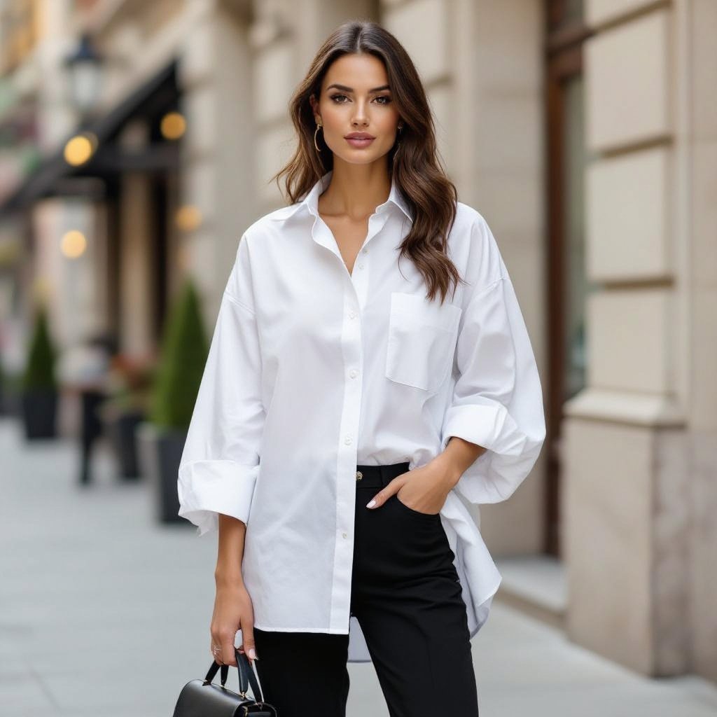A big shirt, that has an extended shoulder, with loops on the side that can be worn as casual and corporate and has balloon sleeves
A crisp cotton, oversized shirt with an extended shoulder, side loops, and balloon sleeves. This versatile piece, with its relaxed yet structured cut, transitions effortlessly from casual to corporate settings.