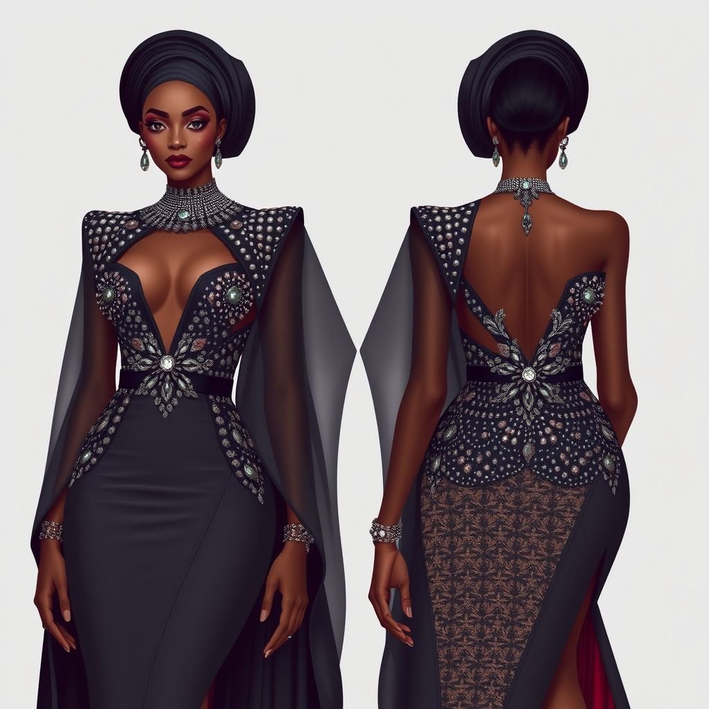 Minimal for a Nigerian traditional wedding with lots of beading and embellishments . For a bold lady
Design a striking Nigerian traditional wedding outfit that embodies edgy chic. Imagine a fitted silhouette with dramatic asymmetry, featuring an array of metallic beading and oversized, avant-garde embellishments. Incorporate transparent panels and sharp lines for a fierce look. Use rich, dark hues contrasted with vibrant accents, celebrating bold femininity and cultural heritage.