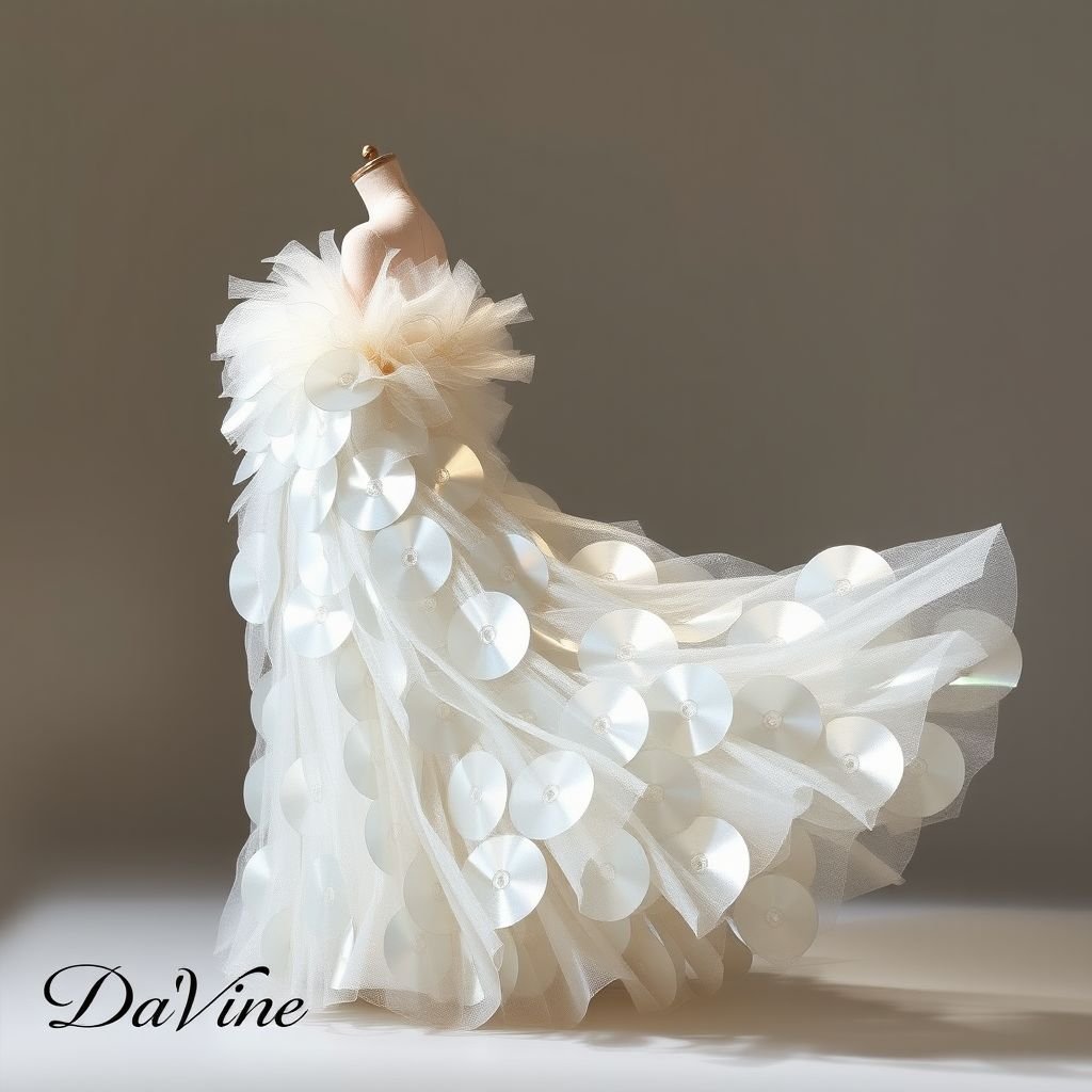 Create me a fashion, runway, fluffy, beautiful silver dress, made with CD’s. Put “Da’Vine” in the bottom left corner
Design a breathtakingly elegant runway gown crafted from shimmering silver CDs, featuring a voluminous, fluffy silhouette that captures the light with every movement. Delicate draping cascades gracefully, creating a timeless allure. Embellish it with crystal accents and a whisper of ethereal tulle. Signature "Da’Vine" elegantly graces the bottom left corner.