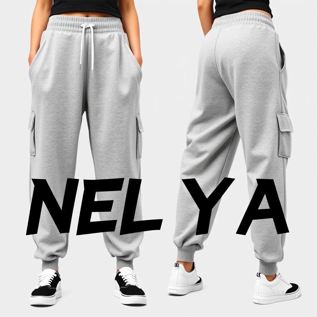 Over size tepláky šedé ženská postava a ať mají jakože přes předek logo velký NELYA.
Design a collection of oversized gray sweatpants for women, embodying the essence of streetwear. Emphasize a relaxed fit with a high waist and cuffed ankles. Incorporate a bold, graphic logo "NELYA" across the front in a striking, urban font, complemented by contrasting stitching and playful side pockets, blending comfort and style seamlessly.