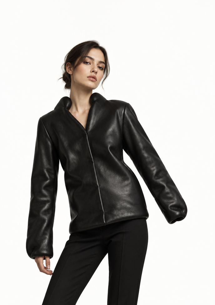 Redesigned: turn this sketch into a realistic black leather jacket worn by an elegant female fashion model keedp the original design and details unchanged
Restyle the fashion design in the image: turn this sketch into a realistic black leather jacket worn by an elegant female fashion model keedp the original design and details unchanged. Keep the overall composition and photographic style unless instructed otherwise. Photorealistic editorial fashion photograph, no text.