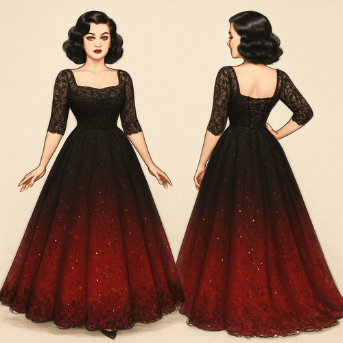 A- line lace wedding dress. Black fading into red with a petty coat. Sequins all around the skirt with a corset back. 1/3 sleeves with square neck.
