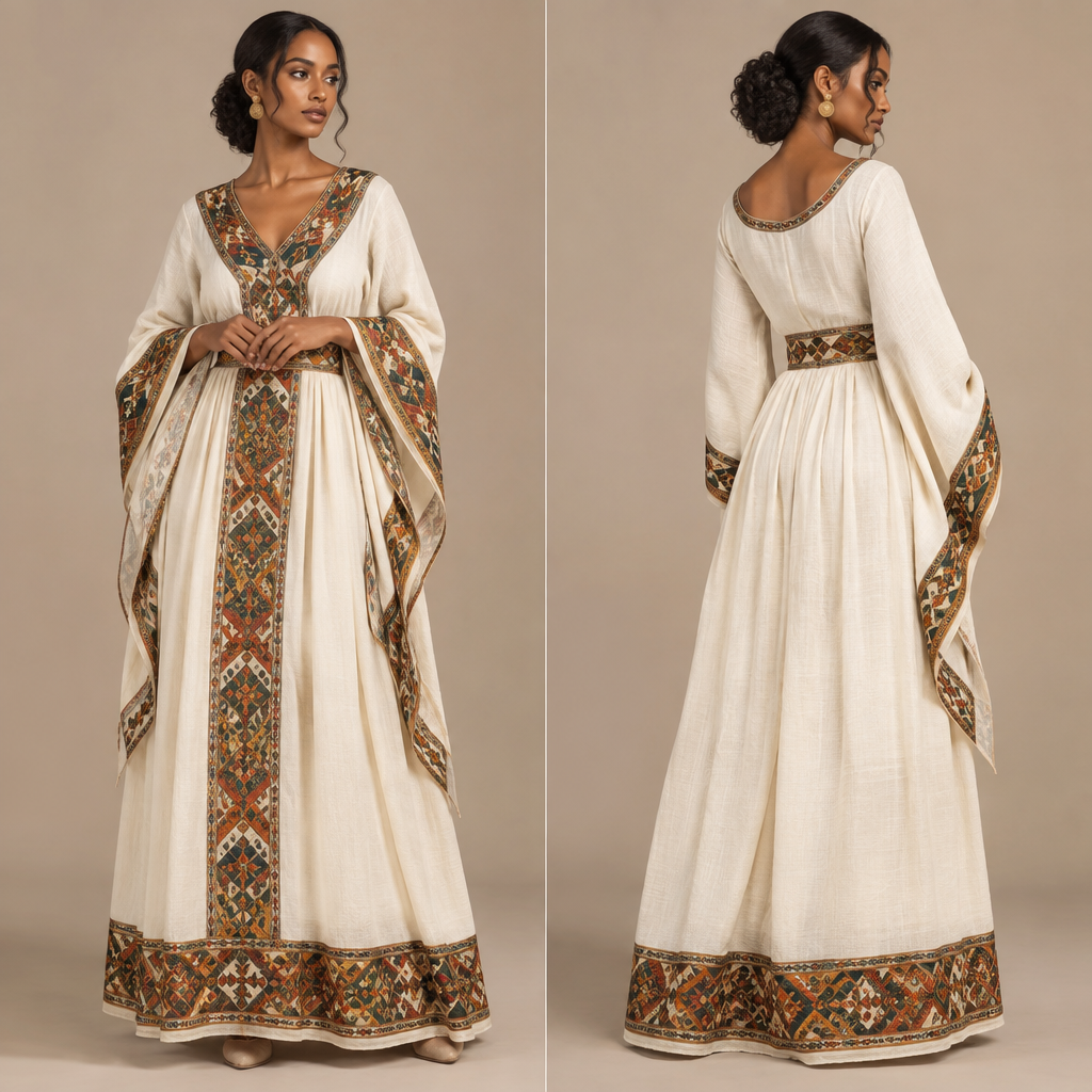 A Female fashion design. Ethiopia fashion aesthetics. Present it as professional fashion catalogue photography: the garment is the subject, shown full-length with editorial styling, neutral posing and tasteful, non-suggestive framing.
photorealistic fashion design, A Female fashion design. Ethiopia fashion aesthetics. Present it as professional fashion catalogue photography: the garment is the subject, shown full-length with editorial styling, neutral posing and tasteful, non-suggestive framing., just the design no text