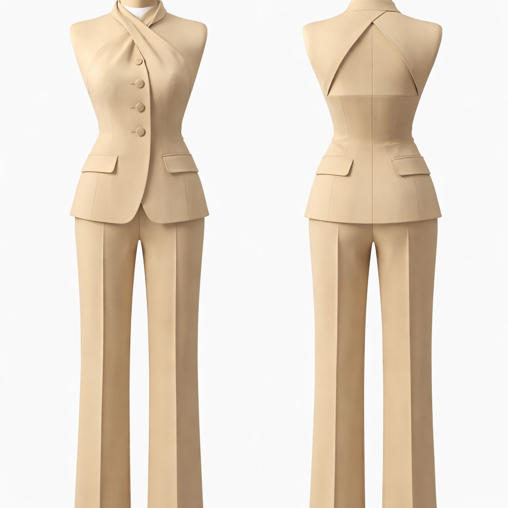Two piece suit set. Only 3 buttons straight down in the middle on the top on a breasted halter crossed neck top Japanese halter, thick suit. All beige, symmetrical pockets, no drooping pockets .
Two piece suit set. Only 3 buttons straight down in the middle on the top on a breasted halter crossed neck top Japanese halter, thick suit. All beige, symmetrical pockets, no drooping pockets ., business style, show front and back
