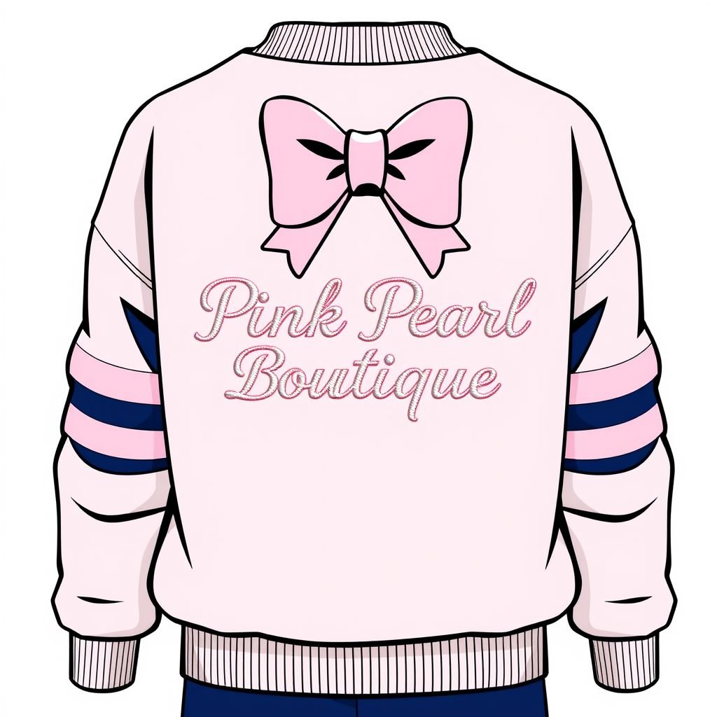 A pink bow sweatshirt that says pink pearl boutique on the back
Design a stylish, preppy pink bow sweatshirt featuring an oversized, embroidered "Pink Pearl Boutique" on the back. Incorporate classic elements like a ribbed crewneck, dropped shoulders, and a relaxed fit. Add contrasting navy stripes along the sleeves for a touch of elegance, transforming this cozy piece into a chic statement.