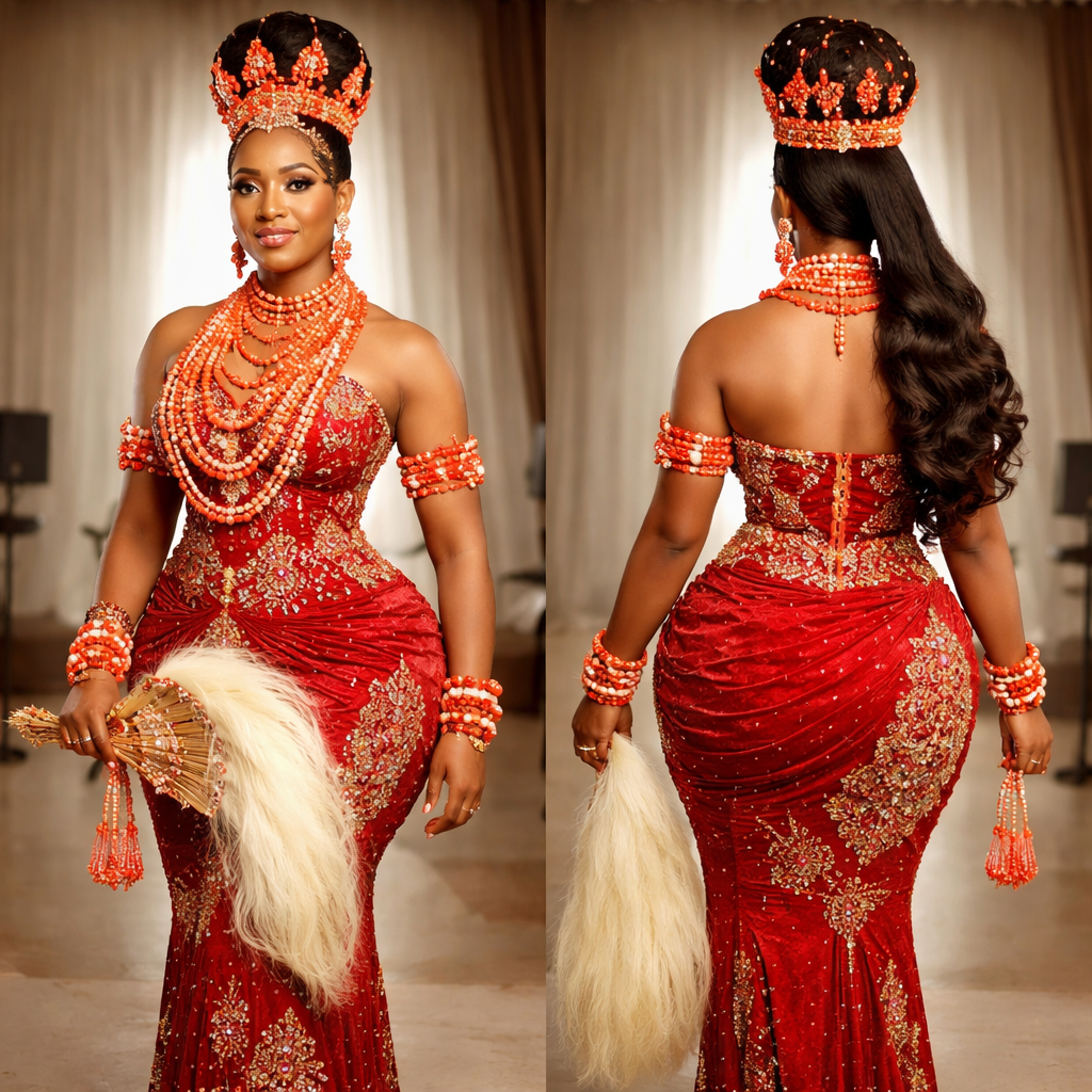 Create an Edo bridal look , with a a tall lady a bit curvy
Create an Edo bridal look , with a a tall lady a bit curvy, traditional style, show front and back