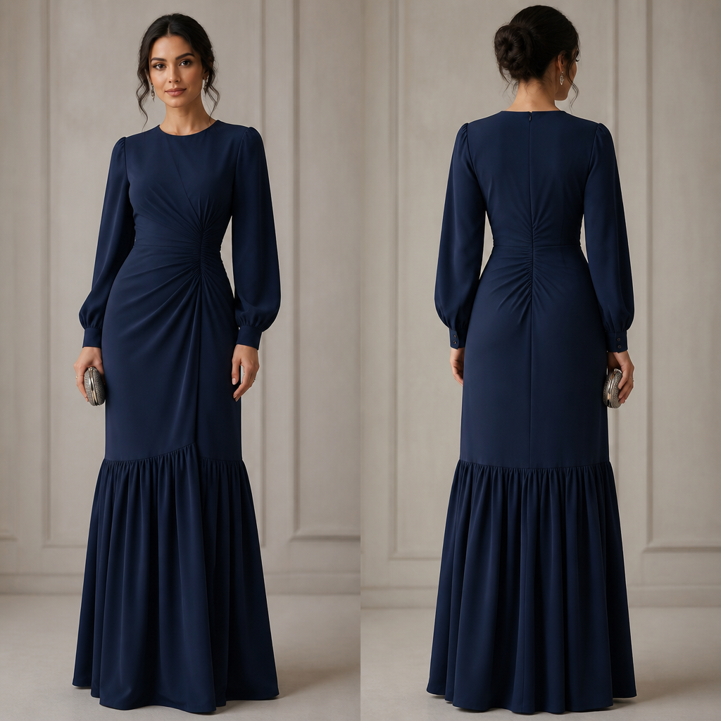A Female Dress design, made of Cotton, for Wedding, suitable for Summer, in Glamorous + Minimalist style. this beautiful summer modesty dress with realex Gathering coming down from knees. it deep blue and it very pretty to wear to wedding. Design with modest coverage.
photorealistic fashion design, A Female Dress design, made of Cotton, for Wedding, suitable for Summer, in Glamorous + Minimalist style. this beautiful summer modesty dress with realex Gathering coming down from knees. it deep blue and it very pretty to wear to wedding. Design with modest coverage., glamorous style, just the design no text, show front and back