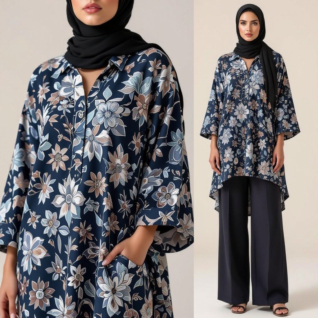 القميص يكون طويل اكثر و فيه رقبه و الحجاب يكون مثل حجاب السباحه و السروال ارسع شويا
Long tunic shirt with a high neck, paired with a swim hijab and slightly wide-leg trousers.