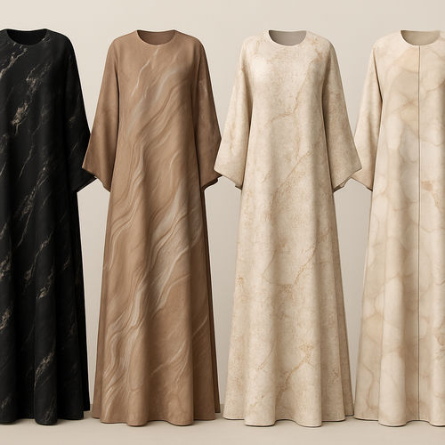 Create a modest boubou, the first of its kind, featuring a unique stone design that exudes a classy and sophisticated vibe. I'd like four designs, each showcasing different styles and fabrics. Incorporate high-end, unique chic stone designs to make them truly special. Add little sophisticated stone designs.