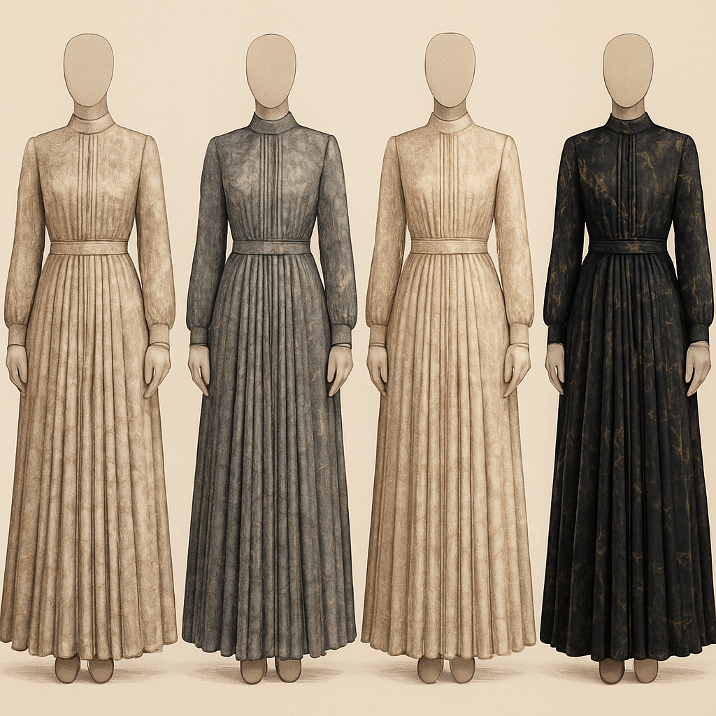 Create a modest two-piece long dress and shirt using symmetric pleat and silk, the first of its kind, featuring a unique stone design that exudes a classy and sophisticated vibe. I'd like four designs, each showcasing different styles and fabrics. Incorporate high-end, unique chic stone designs to make them truly special. Add little sophisticated stone designs.

Create a modest two-piece long dress and shirt using symmetric pleat and silk, the first of its kind, featuring a unique stone design that exudes a classy and sophisticated vibe. I'd like four designs, each showcasing different styles and fabrics. Incorporate high-end, unique chic stone designs to make them truly special. Add little sophisticated stone designs.