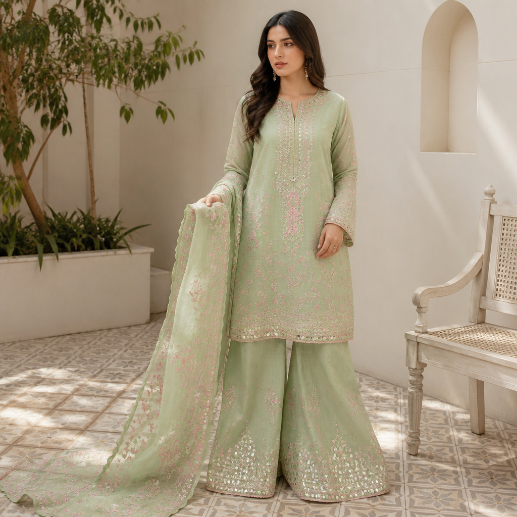 A Female Dress design, suitable for Summer. Consider Pakistani fashion — shalwar kameez, gharara, sharara; lawn fabrics, chiffon; intricate embroidery and mirror work. Current season is Summer in Pakistan.
photorealistic fashion design, A Female Dress design, suitable for Summer. Consider Pakistani fashion — shalwar kameez, gharara, sharara; lawn fabrics, chiffon; intricate embroidery and mirror work. Current season is Summer in Pakistan., just the design no text