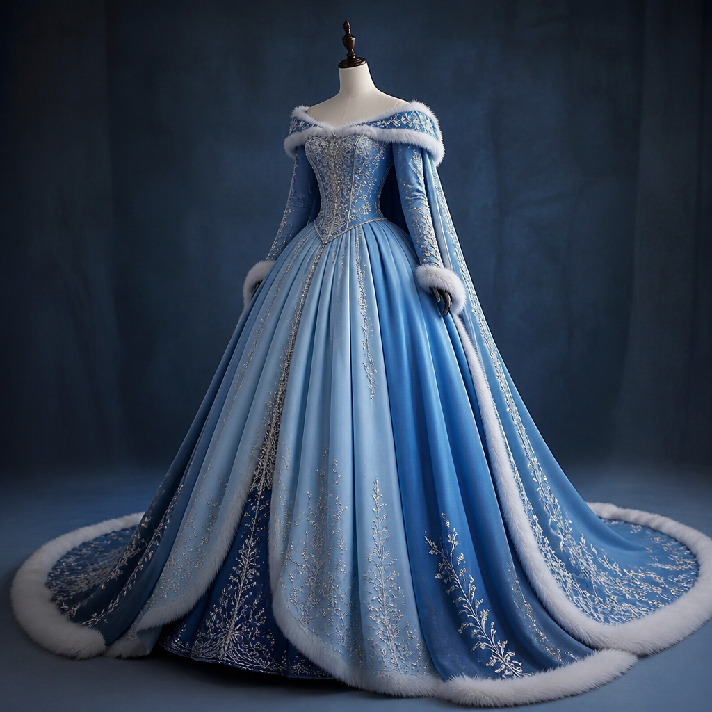 Make me a Cinderella inspired gown with three shades of blue but make it fit for winter
photorealistic fashion design, Make me a Cinderella inspired gown with three shades of blue but make it fit for winter
, victorian style, just the design no text