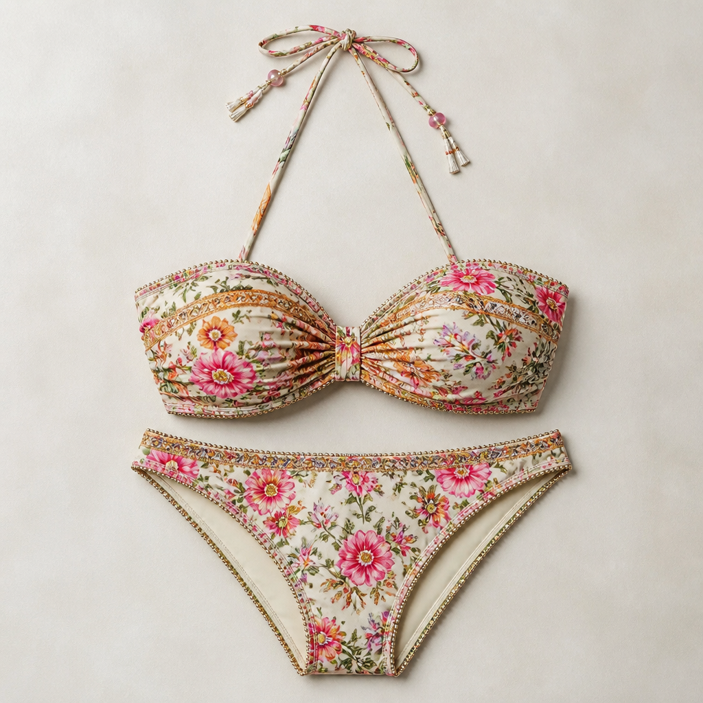 A Swimwear design. Consider Indian fashion aesthetics — consider saree, lehenga, salwar kameez, kurti, anarkali; local fabrics like chanderi, banarasi, chikankari, block prints; vibrant colors and rich embroidery. Current season is Spring in India.
photorealistic fashion design, A Swimwear design. Consider Indian fashion aesthetics — consider saree, lehenga, salwar kameez, kurti, anarkali; local fabrics like chanderi, banarasi, chikankari, block prints; vibrant colors and rich embroidery. Current season is Spring in India., just the design no text