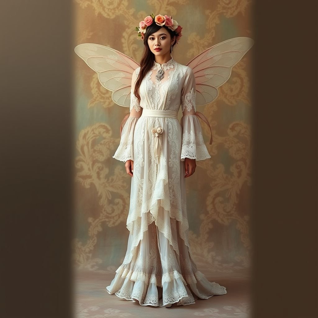 Cunty fairy vibes
Design a vintage-inspired ensemble that embodies whimsical "cunty fairy vibes." Imagine a flowing, ankle-length gown made of delicate, iridescent fabrics adorned with intricate lace details. Incorporate bell sleeves, a cinched waist, and ruffled hemlines. Accessorize with shimmering vintage brooches and a floral crown, creating an enchanting, ethereal fairy aesthetic.