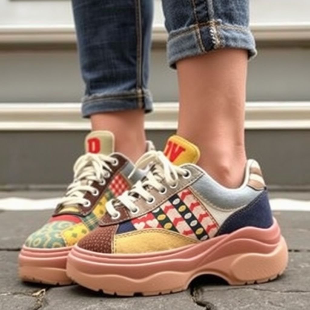 WARRIOR WARRIOR Women's 1 Pair Casual Lace-Up Skate Shoes, Thick-Sole Canvas Low-Top Outdoor Flat Sneakers, Suitable For Autumn, Retro-Style Chunky Sneakers With Modern Design And Comfortable Fit, Patchwork Fabric Design Suitable For Students, with “DV” on tongue of shoe. And a “DV” on side if needed
Design a pair of retro-inspired chunky canvas sneakers, perfect for autumn wear. Emphasize bold patchwork fabrics featuring vibrant colors and geometric patterns reminiscent of 70s fashion. The thick sole should have a vintage flair, with the iconic "DV" stitched on the tongue and side, creating a playful yet stylish look for modern students.