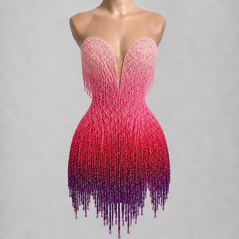 Add pink ombré beaded fringe along bottom
Of bust line
edit the attached fashion design with these instructions: Add pink ombré beaded fringe along bottom
Of bust line. keep it photorealistic, just the design no text