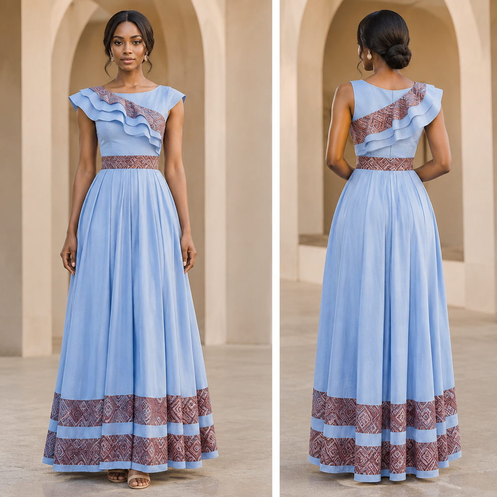A Female Dress design, suitable for Summer, in Classic style. make a wavy top with light blue and a vein a punch design. Ethiopia fashion aesthetics. Present it as professional fashion catalogue photography: the garment is the subject, shown full-length with editorial styling, neutral posing and tasteful, non-suggestive framing.
photorealistic fashion design, A Female Dress design, suitable for Summer, in Classic style. make a wavy top with light blue and a vein a punch design. Ethiopia fashion aesthetics. Present it as professional fashion catalogue photography: the garment is the subject, shown full-length with editorial styling, neutral posing and tasteful, non-suggestive framing., classic style, just the design no text