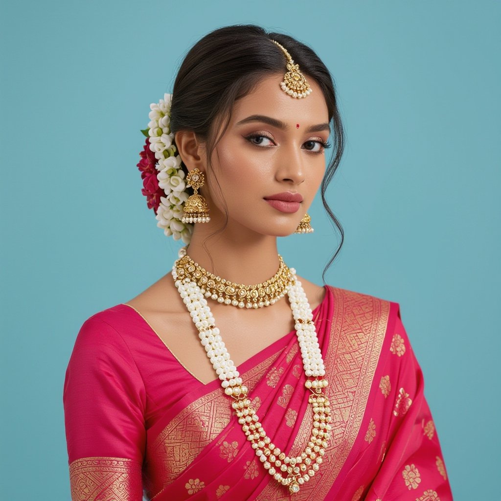 Sare gajra
Saree with gajra, silk; traditional drape, floral hair accessory.