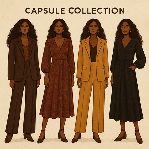 Capsule, Collection, brown female, suits, slacks, blazers tops, dresses. in Following colors browns, black, maroon,yellow. 