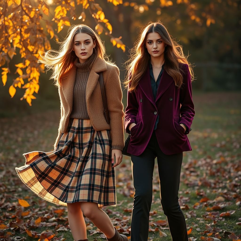 Betty and Veronica from Archie Comics styled for a modern ‘Fall into Fashion’ campaign — Betty wears cozy, preppy autumn layers in warm neutral tones (camel coat, chunky knit sweater, plaid skirt, boots); Veronica wears glamorous, high-fashion fall pieces in rich jewel tones (velvet blazer, silk blouse, tailored pants, heeled boots). They’re posed together walking through a leaf-covered park runway, golden hour lighting, editorial photography style, crisp fall atmosphere, Vogue cover energy, fashionable yet true to their personalities.
Betty and Veronica from Archie Comics reimagined for a modern ‘Fall into Fashion’ campaign, where artsy meets chic. Betty embodies cozy prep with layered textures in warm neutrals, her plaid skirt fluttering amidst leaves. Veronica captivates in jewel-toned velvet, her tailored ensemble exuding elegance. Gorgeous golden hour filters through, casting dynamic shadows, highlighting each style with whimsical, artistic flair, blending fashion and playful individuality seamlessly.