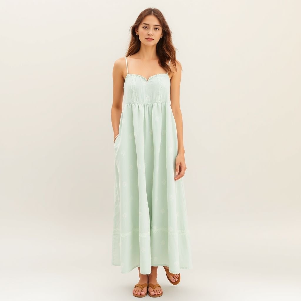 Summer dress minimalist and style eternal
Envision a minimalist summer dress that embodies timeless elegance. Crafted from breathable linen, its silhouette features a gentle A-line cut, with delicate spaghetti straps and a subtle sweetheart neckline. The dress exudes a serene palette of soft pastels, adorned with understated geometric embroidery, merging modern simplicity with classic philosophy. Perfect for effortless chic!