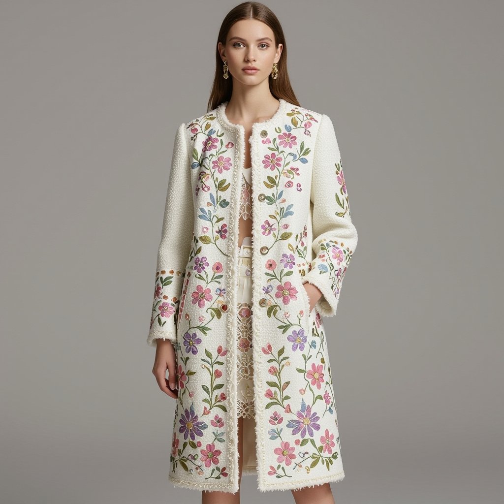 Large cut of coat , knee length, brocard fabric with some floral embroidery and beading and lace cutouts, light color ideally white base for the coat with lots of pastel and metallics
Tweed fashion: Large cut, knee-length tweed coat with floral embroidery, beading, and lace cutouts. White base with pastel and metallic accents.