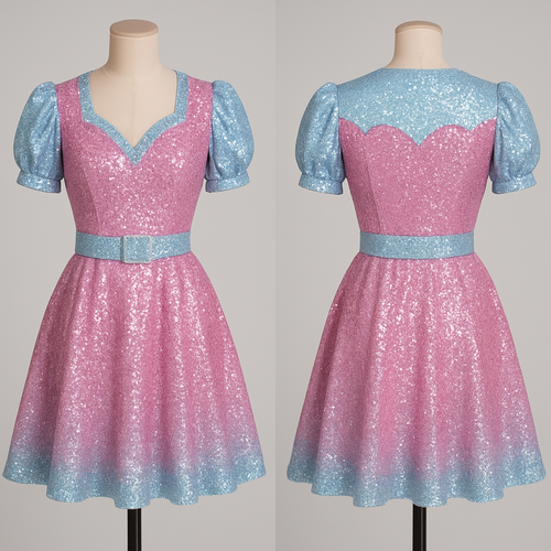 On a mannequin cowgirl, dress sparkly and shiny pink and light blue