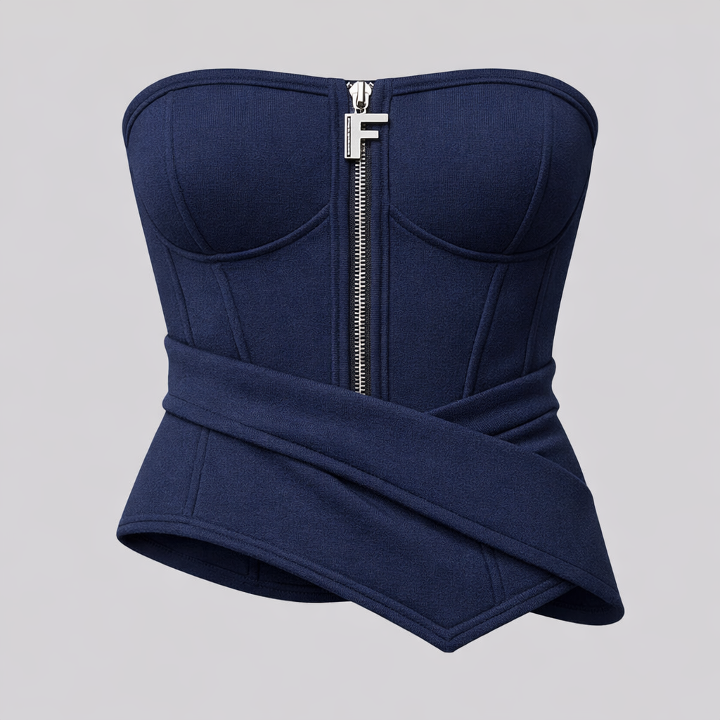 “Design a navy blue strapless corset with a slightly oversized fit. The corset features a visible front zipper, with the zipper pull designed in the shape of the letter ‘F’ as a distinct design element. It is made from soft, flexible fabric, not rigid, ensuring comfort and wearability. The design includes an asymmetric wrap detail across the waist, adding a modern and fashion-forward touch. Subtle raised seam lines in the same navy color enhance the structured yet elegant look. The overall aesthetic is modern, minimal, and stylish athleisure.”
Sportswear fashion design: Design a navy blue strapless corset, oversized fit. Soft knit fabric, comfortable. Visible front zipper, 'F' shaped pull. Asymmetric waist wrap. Subtle raised navy seams. Modern, minimal, stylish.