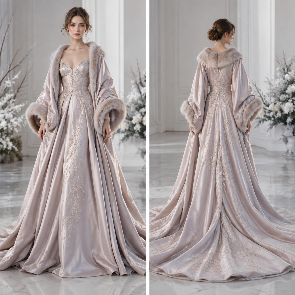 A Dress design, made of Silk, with a soft, cosy hand, with an Oversized silhouette, in a Pastels color palette, for Wedding, suitable for Winter, suited to a Cold climate, in Glamorous style, shown on a model with light skin and a petite figure. IQ fashion aesthetics. Present it as professional fashion catalogue photography: the garment is the subject, shown full-length with editorial styling, neutral posing and tasteful, non-suggestive framing.
photorealistic fashion design, A Dress design, made of Silk, with a soft, cosy hand, with an Oversized silhouette, in a Pastels color palette, for Wedding, suitable for Winter, suited to a Cold climate, in Glamorous style, shown on a model with light skin and a petite figure. IQ fashion aesthetics. Present it as professional fashion catalogue photography: the garment is the subject, shown full-length with editorial styling, neutral posing and tasteful, non-suggestive framing., glamorous style, just the design no text, show front and back
