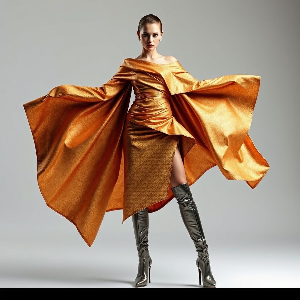 Gold Brocade with a short skirt, asymmetrical top, knee high boots and a flare
Envision an avant-garde fashion masterpiece: a shimmering gold brocade fabric forms a daring short skirt, while an asymmetrical top drapes artistically with exaggerated sleeves. Bold knee-high boots in metallic finishes add an edgy touch, and a dramatic flare erupts from the waist, creating a striking silhouette that commands attention.