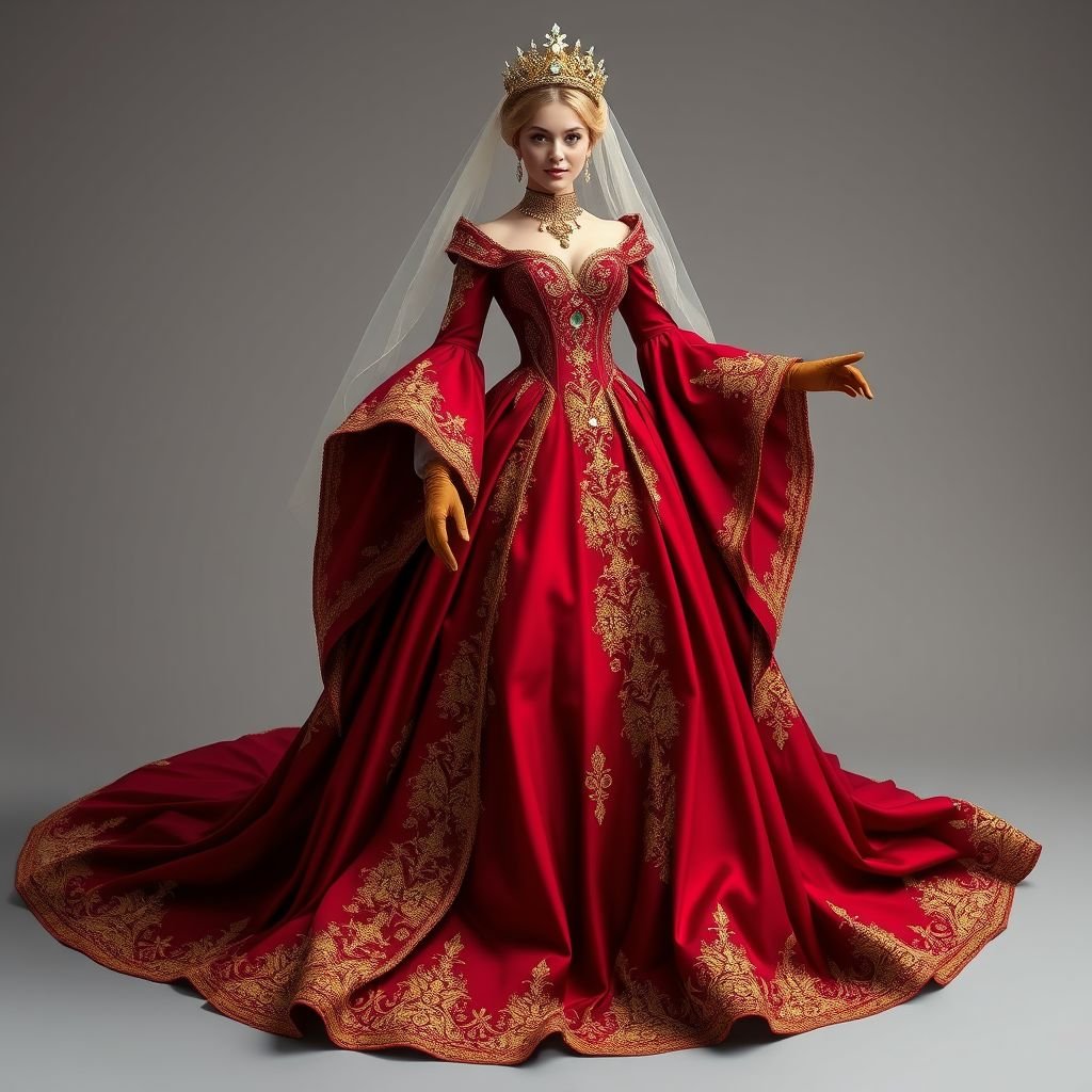 Fantasy inspired royal gown, red, gold accessories, intricate details, and veil
Design a majestic fantasy royal gown in deep crimson silk, adorned with luxurious gold embroidery and intricate lace trims. Incorporate flowing sleeves and a sweeping train, embellished with shimmering gemstones. A delicate veil cascades from a jeweled tiara, enhancing the opulence. Add vintage-inspired gloves for an enchanting, regal look.