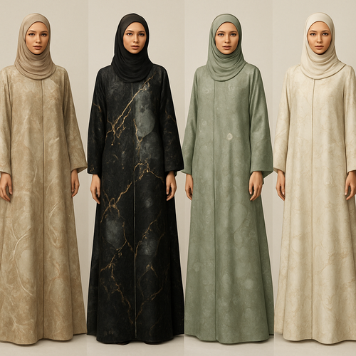 Create a modest boubou, the first of its kind, featuring a unique stone design that exudes a classy and sophisticated vibe. I'd like four designs, each showcasing different styles and fabrics. Incorporate high-end, unique chic stone designs to make them truly special. Add little sophisticated stone designs.