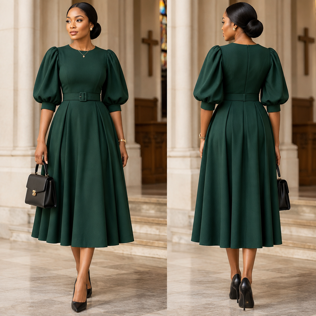 A Dress design, in Elegant style. Sunday Church Service Outfit ⛪✨
A modest emerald-green midi dress with elegant puff sleeves and a waist belt, paired with black closed-toe heels, a structured handbag, and simple gold jewellery. A neat low-bun hairstyle completes the sophisticated, feminine look—perfect for Sunday worship and a family lunch afterward.. UG fashion aesthetics. Present it as professional fashion catalogue photography: the garment is the subject, shown full-length with editorial styling, neutral posing and tasteful, non-suggestive framing.
photorealistic fashion design, A Dress design, in Elegant style. Sunday Church Service Outfit ⛪✨
A modest emerald-green midi dress with elegant puff sleeves and a waist belt, paired with black closed-toe heels, a structured handbag, and simple gold jewellery. A neat low-bun hairstyle completes the sophisticated, feminine look—perfect for Sunday worship and a family lunch afterward.. UG fashion aesthetics. Present it as professional fashion catalogue photography: the garment is the subject, shown full-length with editorial styling, neutral posing and tasteful, non-suggestive framing., elegant style, just the design no text